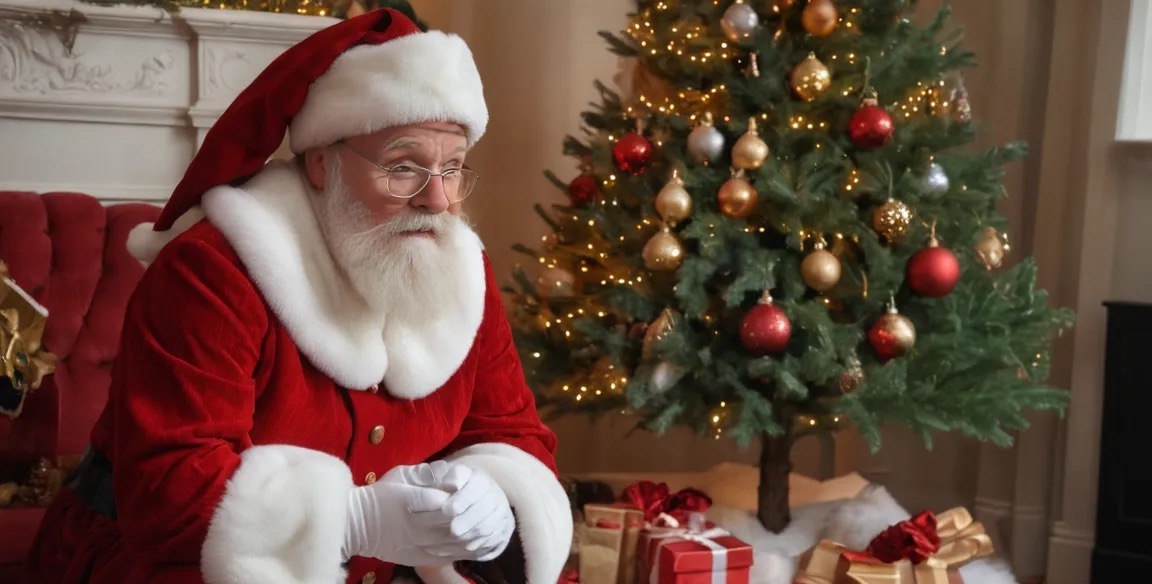 Father Christmas sitting by a Christmas tree